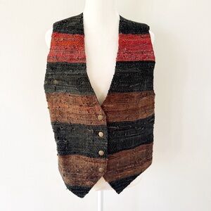 Vintage Women Woven Stripe Suede Leather Vest Medium Boho Indie 90s Layers Black